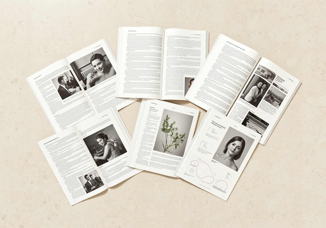 A collage of magazine pages showing different sections