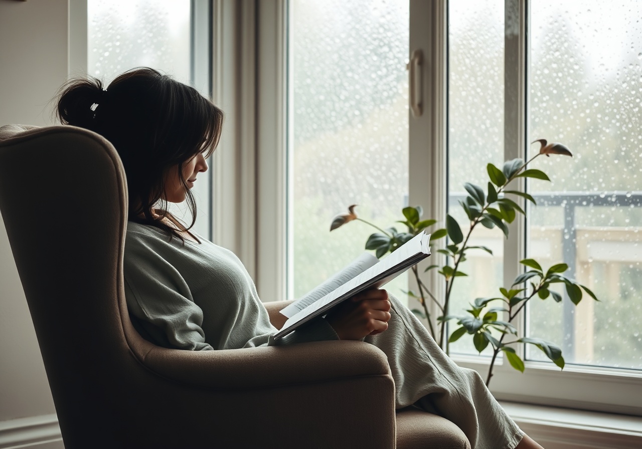 A person reading a physical magazine by a window in a sunlit room