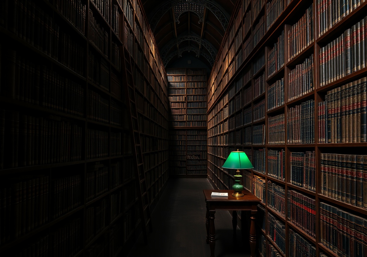 A view of a library with stacks of books and soft lighting