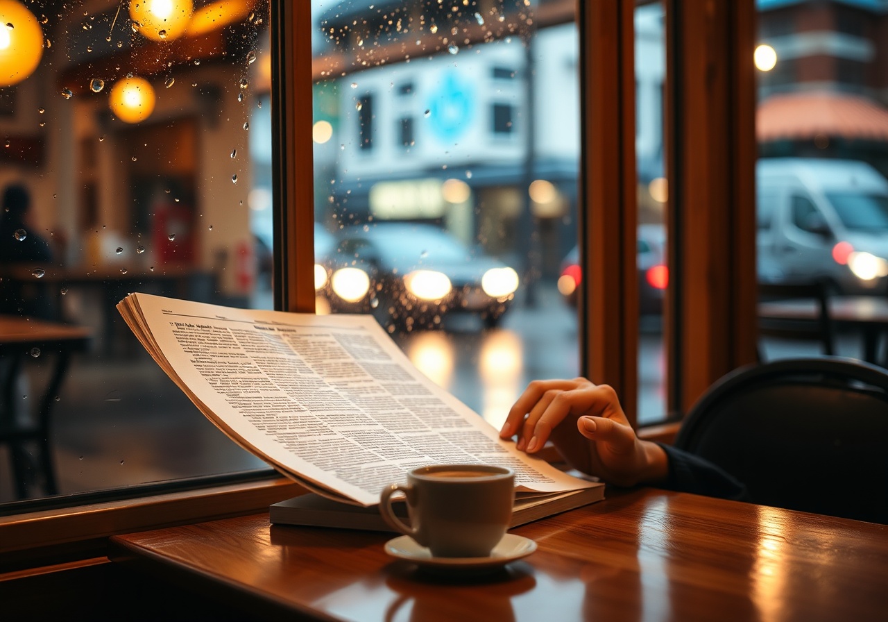 A handwritten manuscript on a wooden desk with a pen, morning light streaming in