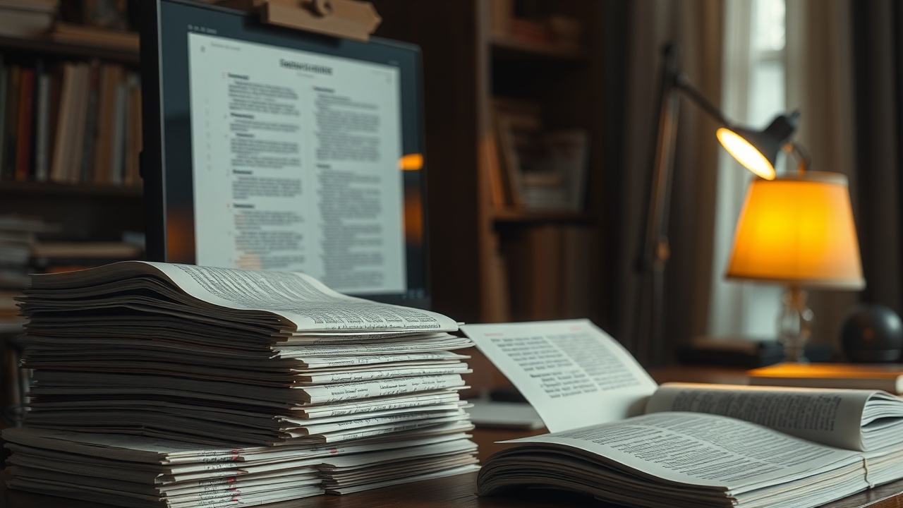 A senior editor reviewing manuscript pages at a desk with a laptop, surrounded by physical books and a coffee cup